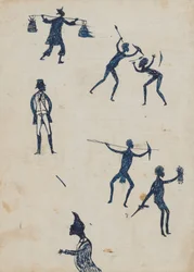 Kwatkwat -mennesker - (kinesisk mand; mænd kæmper og jagter; squatter; profil) Skitsebog hovedsageligt af aktiviteter i Aborig ...